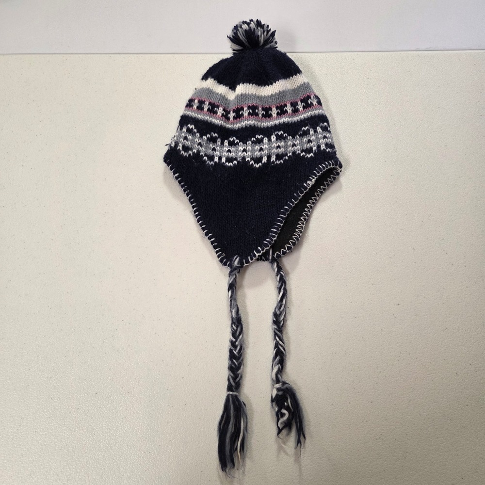 Navy Blue Fair Isle Knit Earflap Beanie Hat Pom Pom Tassels Fleece Lined Nordic
